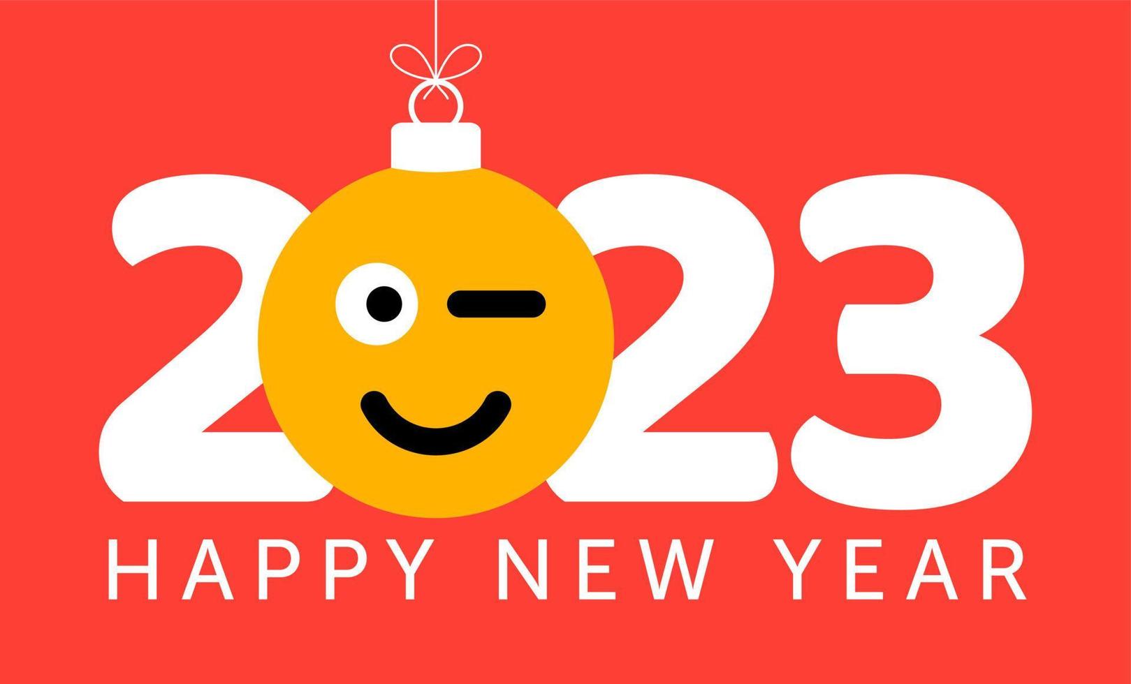 tarjeta de felicitación para el año nuevo 2023 con cara de emoji sonriente que cuelga de un hilo como un juguete de navidad, una pelota o un adorno. Ilustración de vector de concepto de emoción de año nuevo