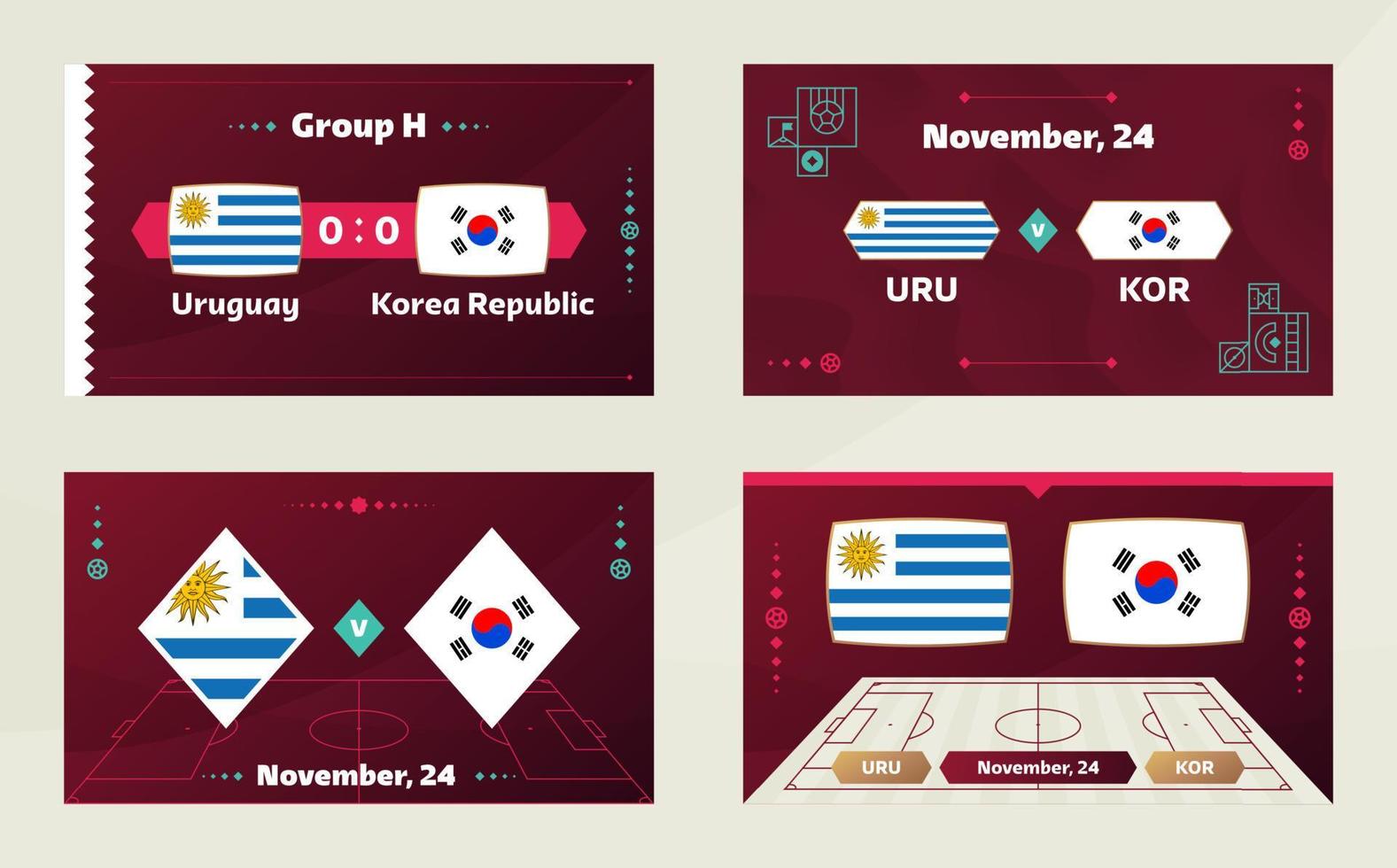 uruguay vs corea del sur, futbol 2022, grupo h. partido de campeonato mundial de fútbol versus antecedentes deportivos de introducción de equipos, afiche final de la competencia de campeonato, ilustración vectorial. vector