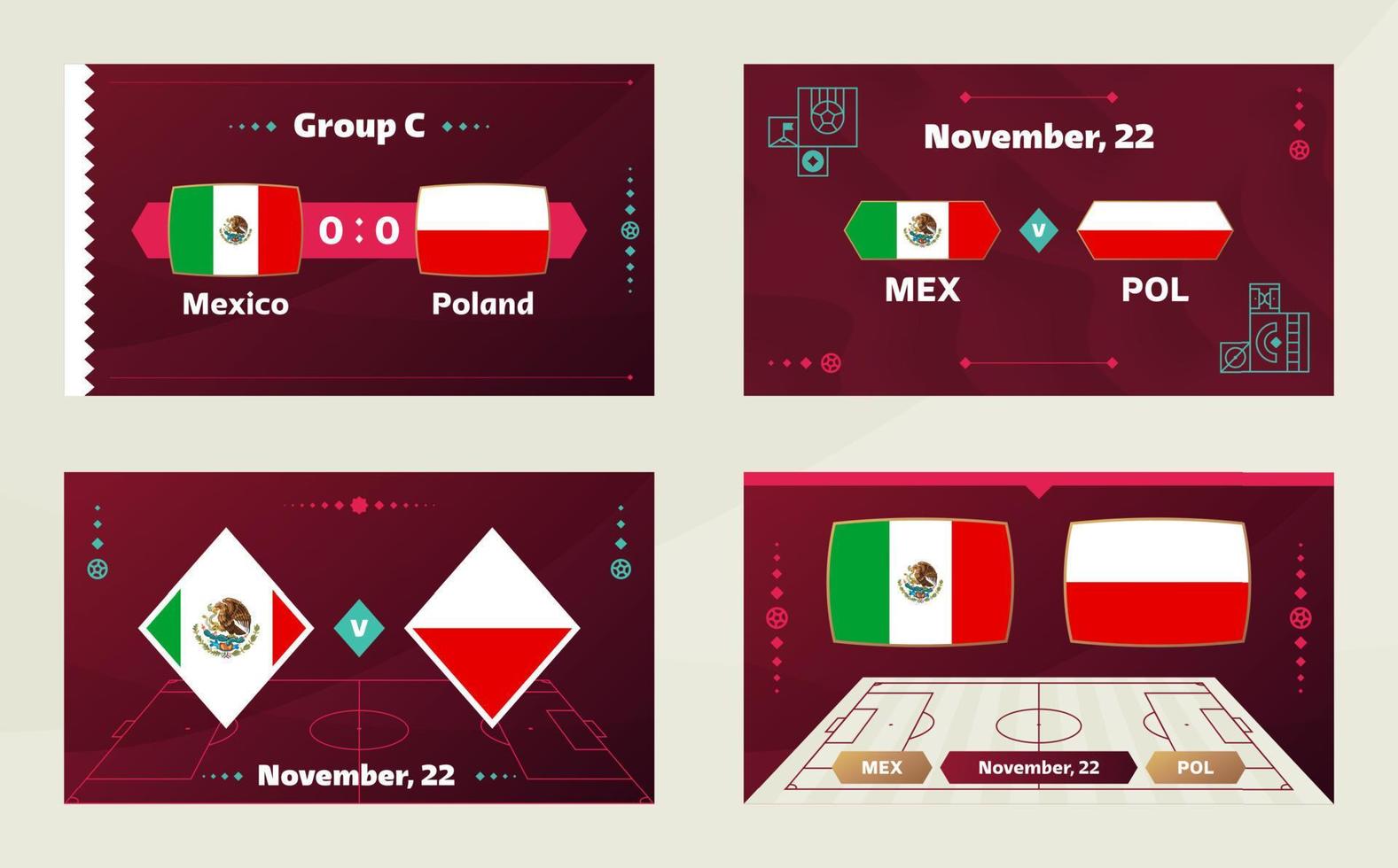 mexico vs polonia, futbol 2022, grupo c. partido de campeonato mundial de fútbol versus antecedentes deportivos de introducción de equipos, afiche final de la competencia de campeonato, ilustración vectorial. vector