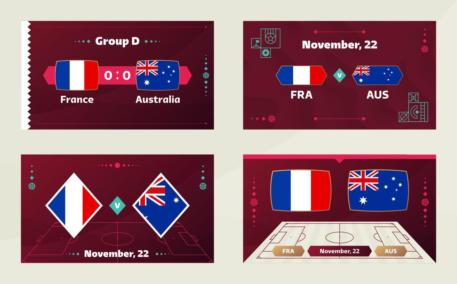 france vs australia match. Football 2022 world championship match versus teams on soccer field. Intro sport background, championship competition final poster, flat style vector illustration