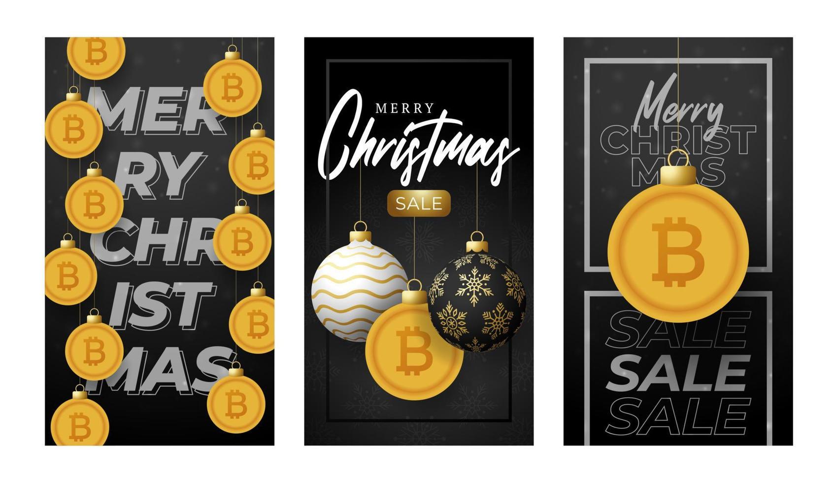 Merry Christmas gold bitcoin symbol banner set. bitcoin sign as christmas bauble ball hanging greeting card. Vector image for xmas, finance, new years day, banking, money