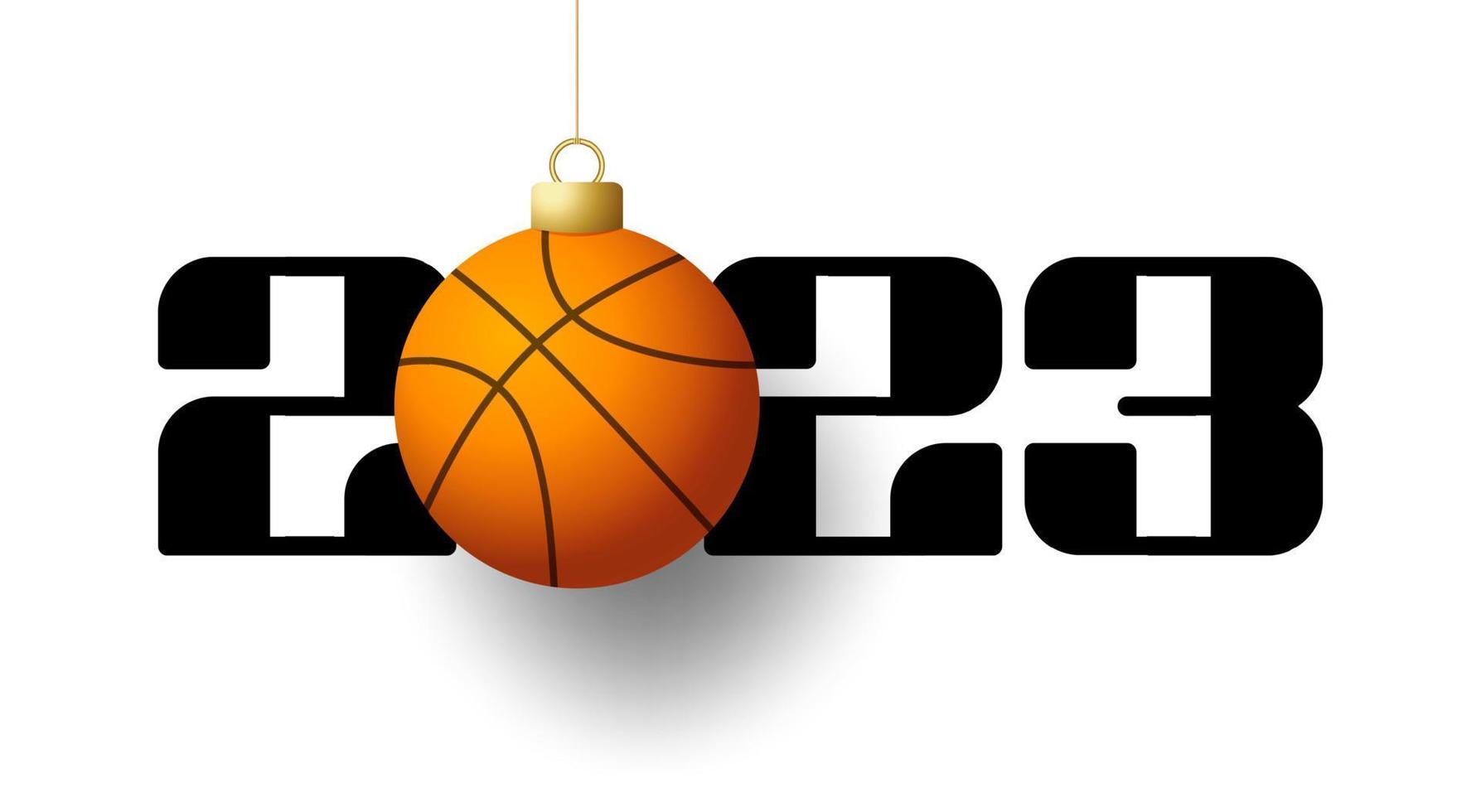 Basketball 2023 Happy New Year. Sports greeting card with golden basketball ball on the luxury background. Vector illustration.