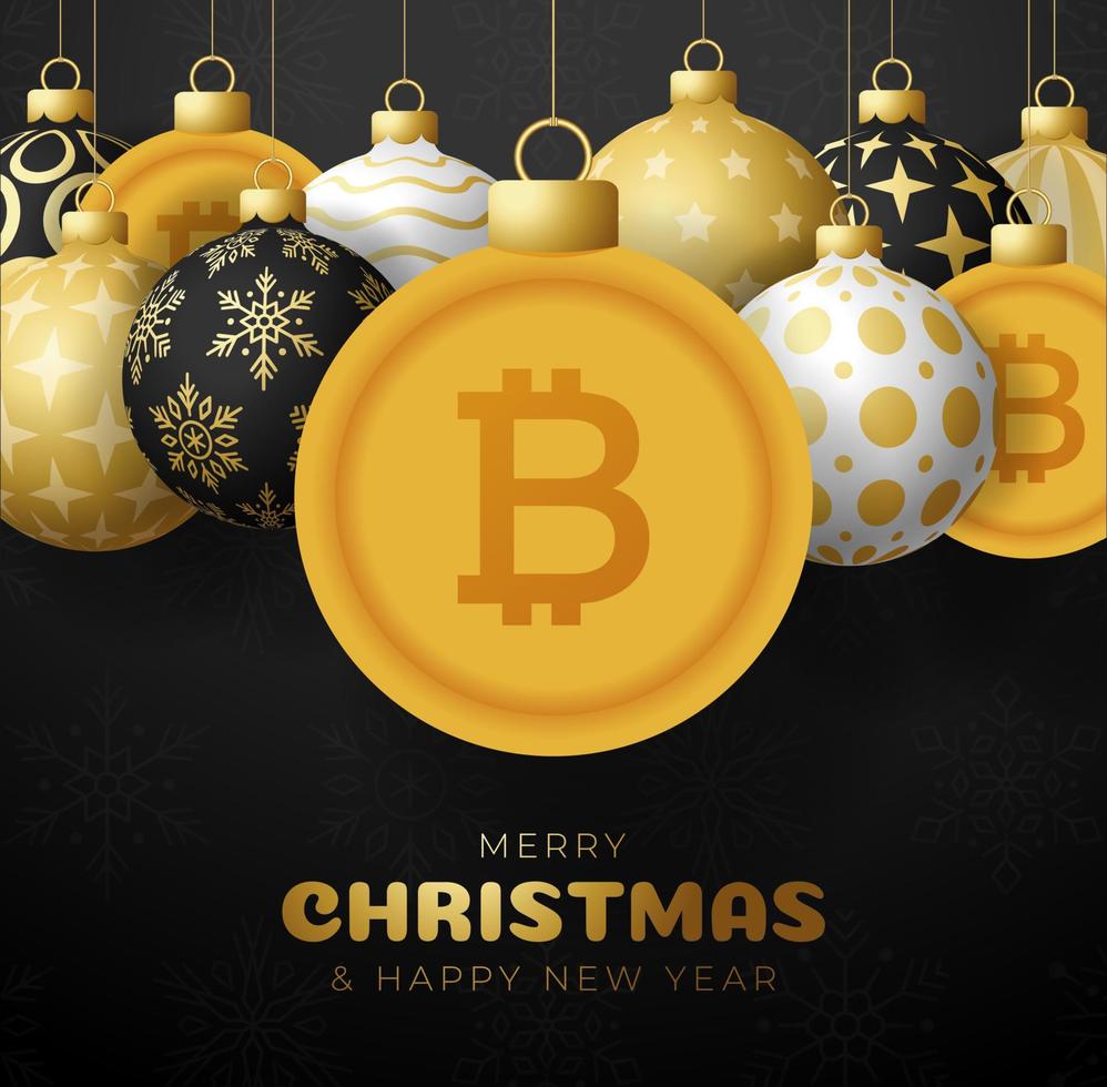 Merry Christmas gold bitcoin symbol banner. bitcoin sign as christmas bauble ball hanging greeting card. Vector image for xmas, finance, new years day, banking, money