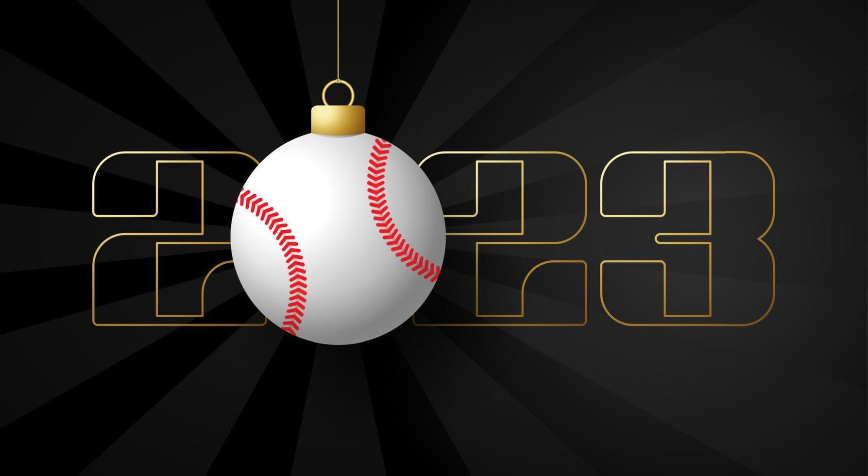 Baseball 2023 Happy New Year. Sports greeting card with baseball ball on the luxury background. Vector illustration.