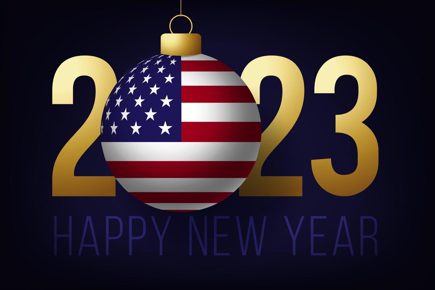 New Year 2023 with USA Flag ball. Vector illustration with Lettering Happy New 2023 Year on blue background