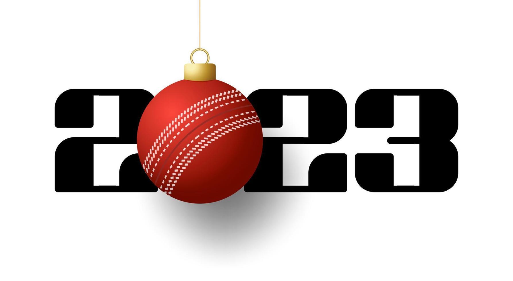 Cricket 2023 Happy New Year. Sports greeting card with golden cricket ball on the luxury background. Vector illustration.