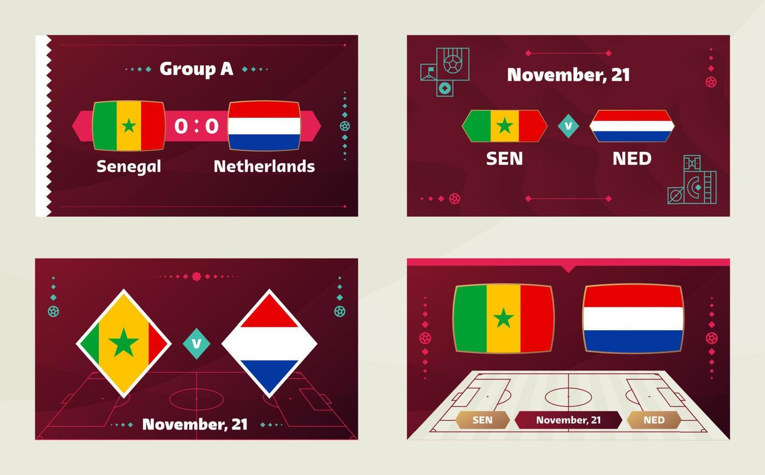 senegal vs holanda, futbol 2022, grupo a. partido de campeonato mundial de fútbol versus antecedentes deportivos de introducción de equipos, afiche final de la competencia de campeonato, ilustración vectorial. vector