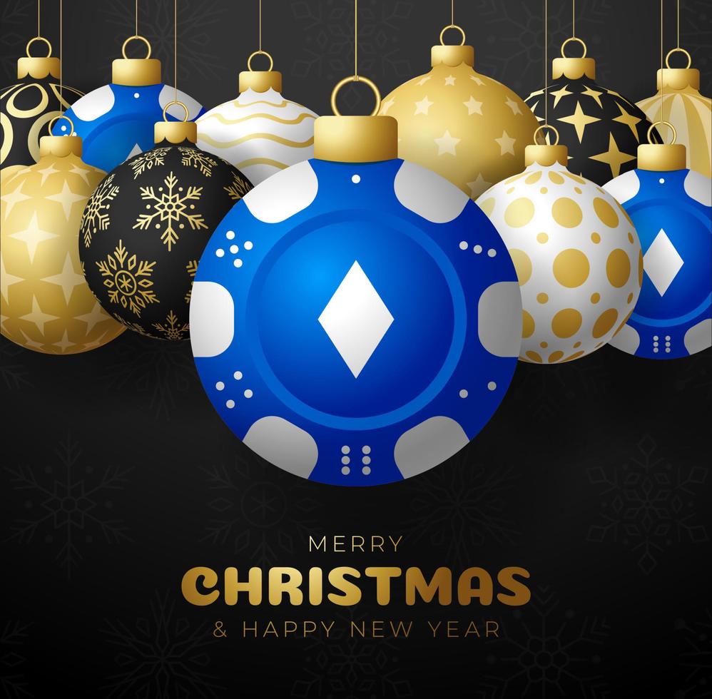 Casino Poker Christmas card set. Merry Christmas sport greeting card. Hang on a thread casino poker blue chip as a xmas ball and golden bauble on black background vector
