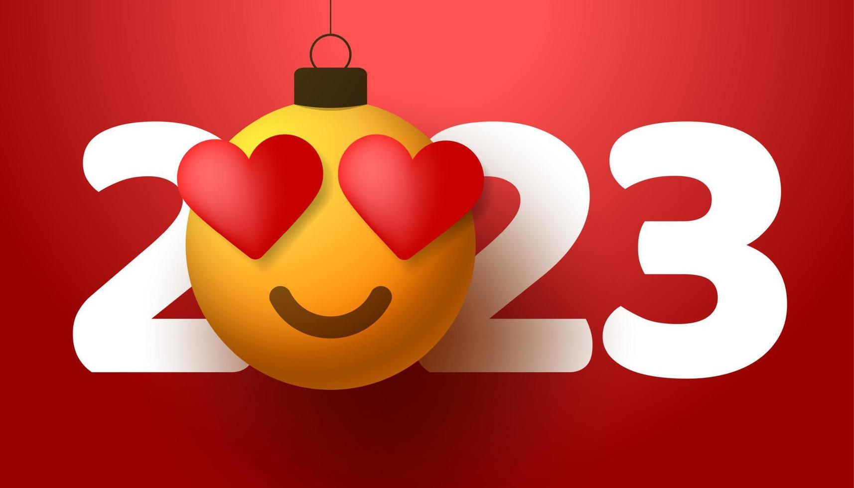 feliz año nuevo 2023 con emoción de sonrisa de corazón. ilustración vectorial en estilo plano con el número 2023 y la emoción del corazón del amor en la bola de navidad cuelga del hilo. vector