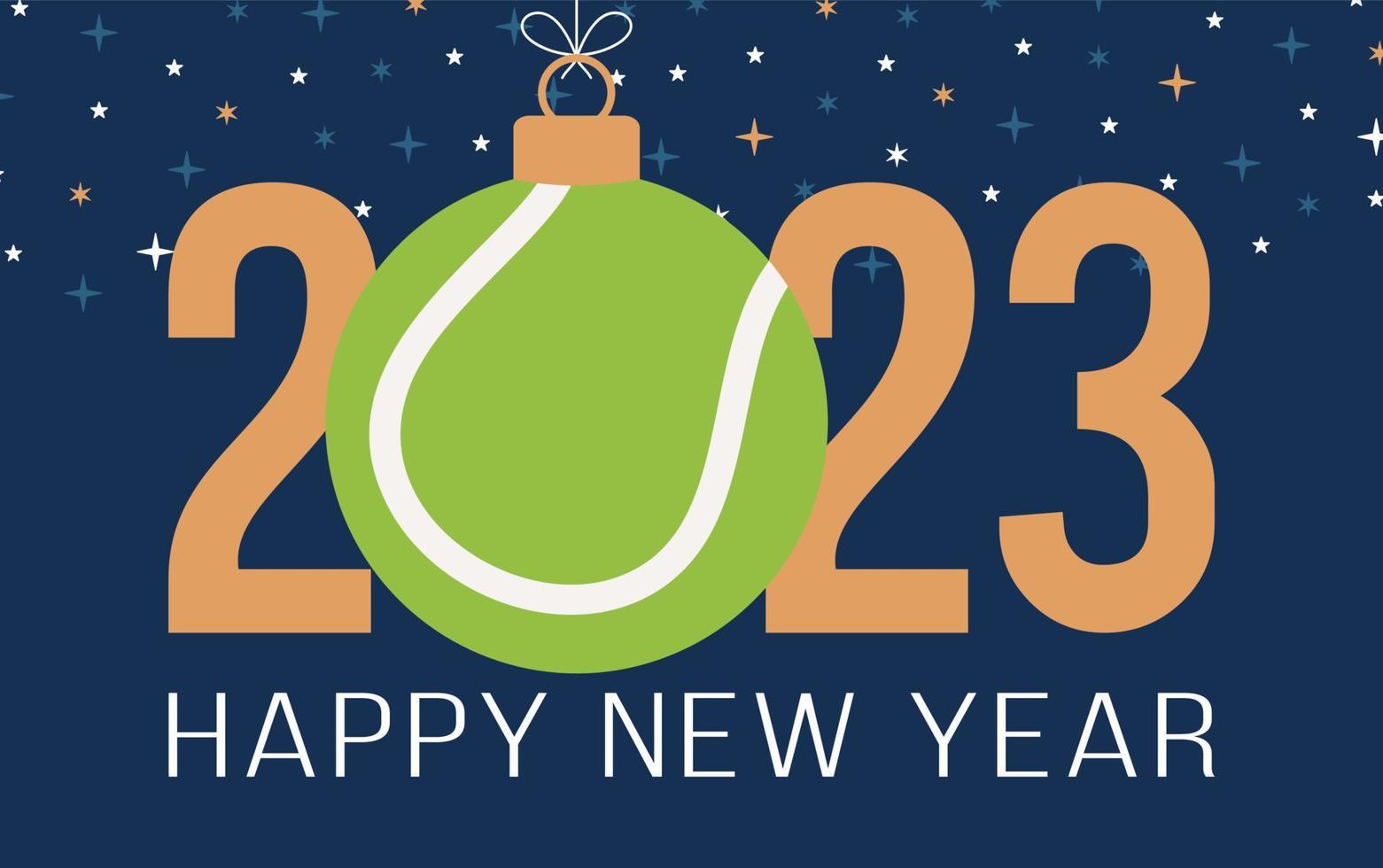 Tennis 2023 Happy New Year. Sports greeting card with tennis ball on the flat background. Vector illustration