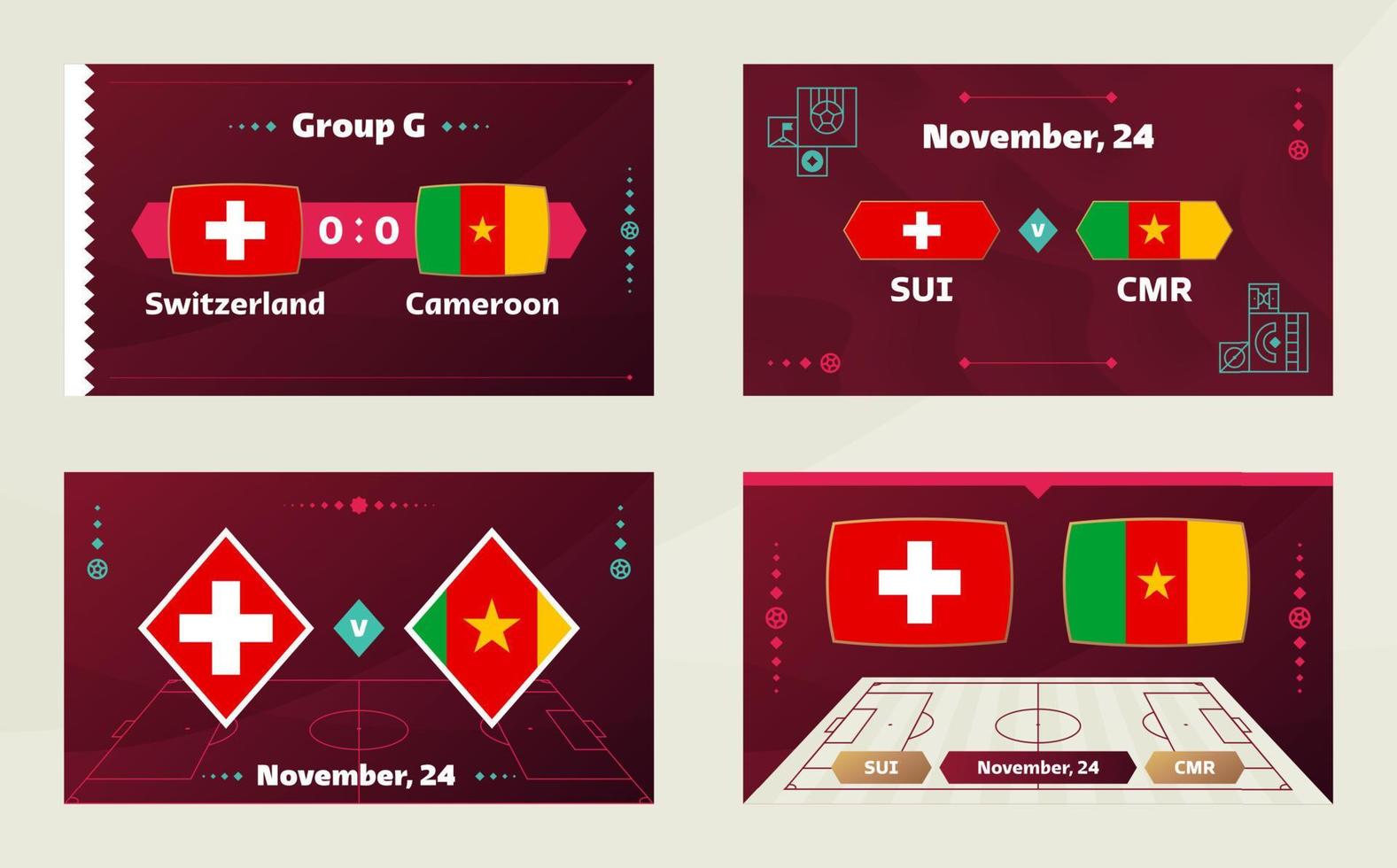 suiza vs camerun, futbol 2022, grupo g. partido de campeonato mundial de fútbol versus antecedentes deportivos de introducción de equipos, afiche final de la competencia de campeonato, ilustración vectorial. vector