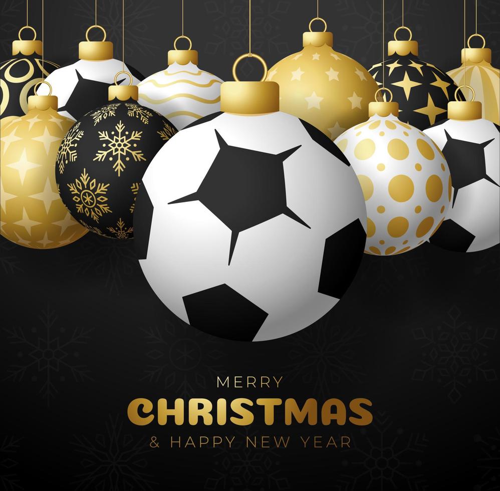 feliz navidad y próspero año nuevo tarjeta de felicitación deportiva de lujo. Balón de fútbol como una bola de Navidad sobre fondo negro. ilustración vectorial. vector