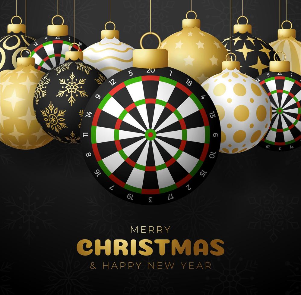 dart Christmas card. Merry Christmas sport greeting card set. Hang on a thread dartboard as a xmas ball and golden bauble on black background. Sport Vector illustration.
