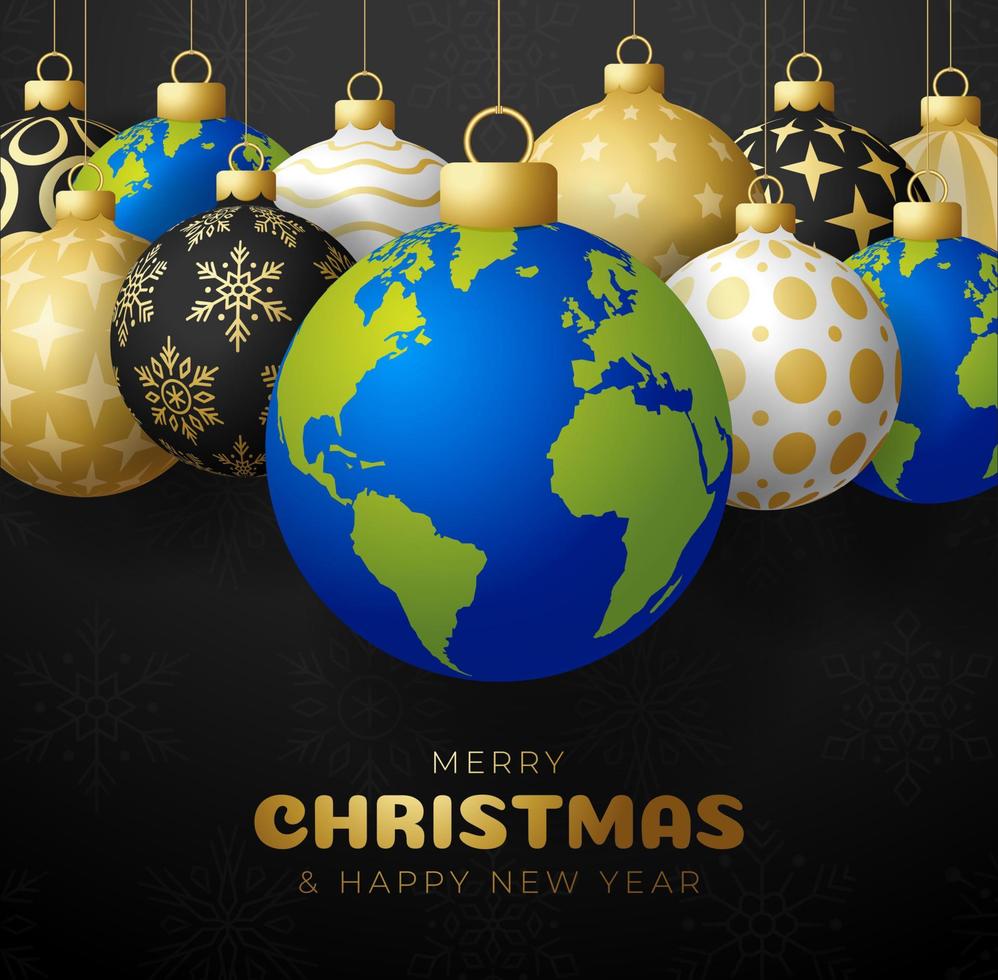 planet earth Christmas ball card. Merry Christmas world greeting card set. Hang on a thread earth planet as a xmas ball bauble on black background. world Vector illustration.