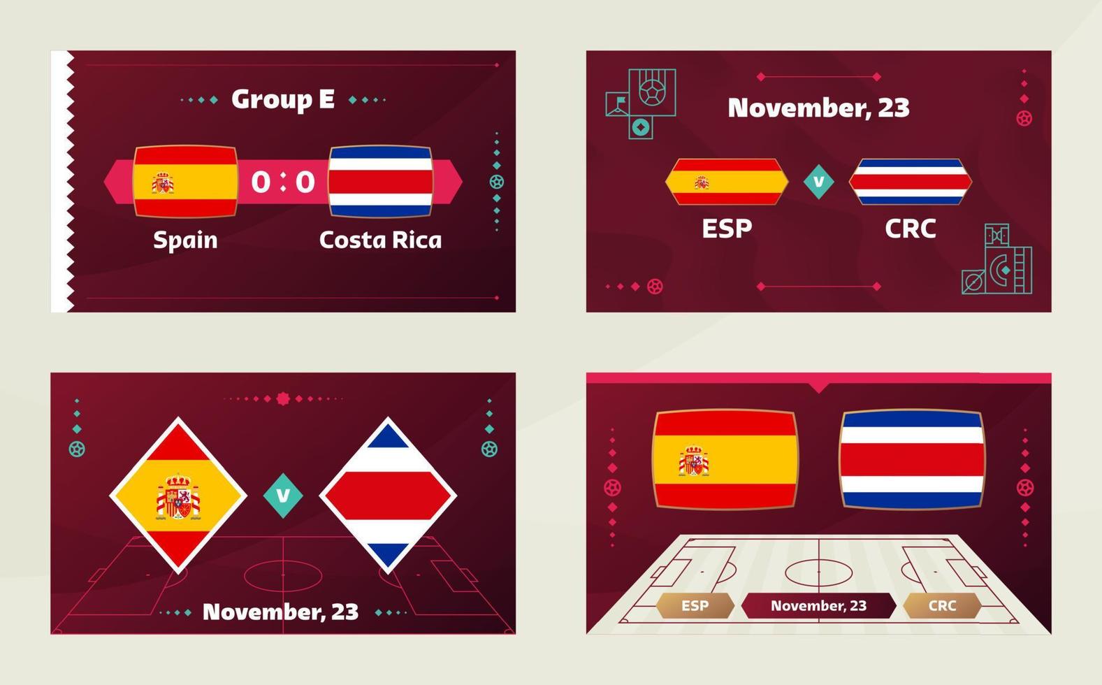 partido españa vs costa rica. partido del campeonato mundial de fútbol 2022 contra equipos en el campo de fútbol. fondo deportivo de introducción, póster final de la competición del campeonato, ilustración vectorial de estilo plano vector