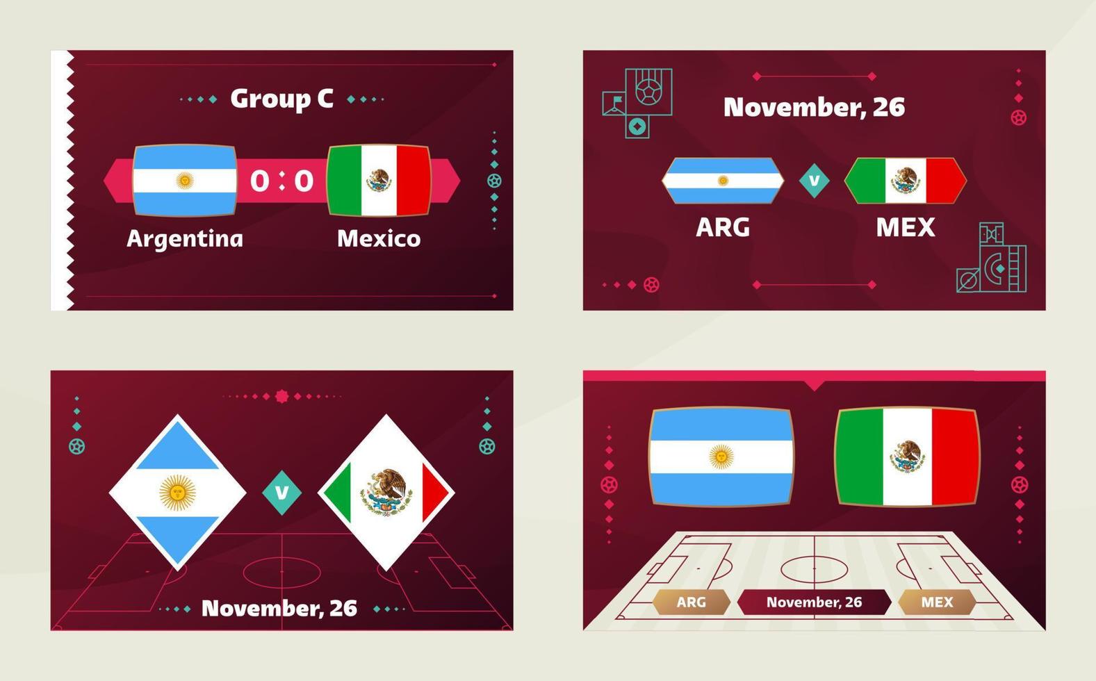 argentina vs mexico, futbol 2022, grupo c. partido de campeonato mundial de fútbol versus antecedentes deportivos de introducción de equipos, afiche final de la competencia de campeonato, ilustración vectorial. vector