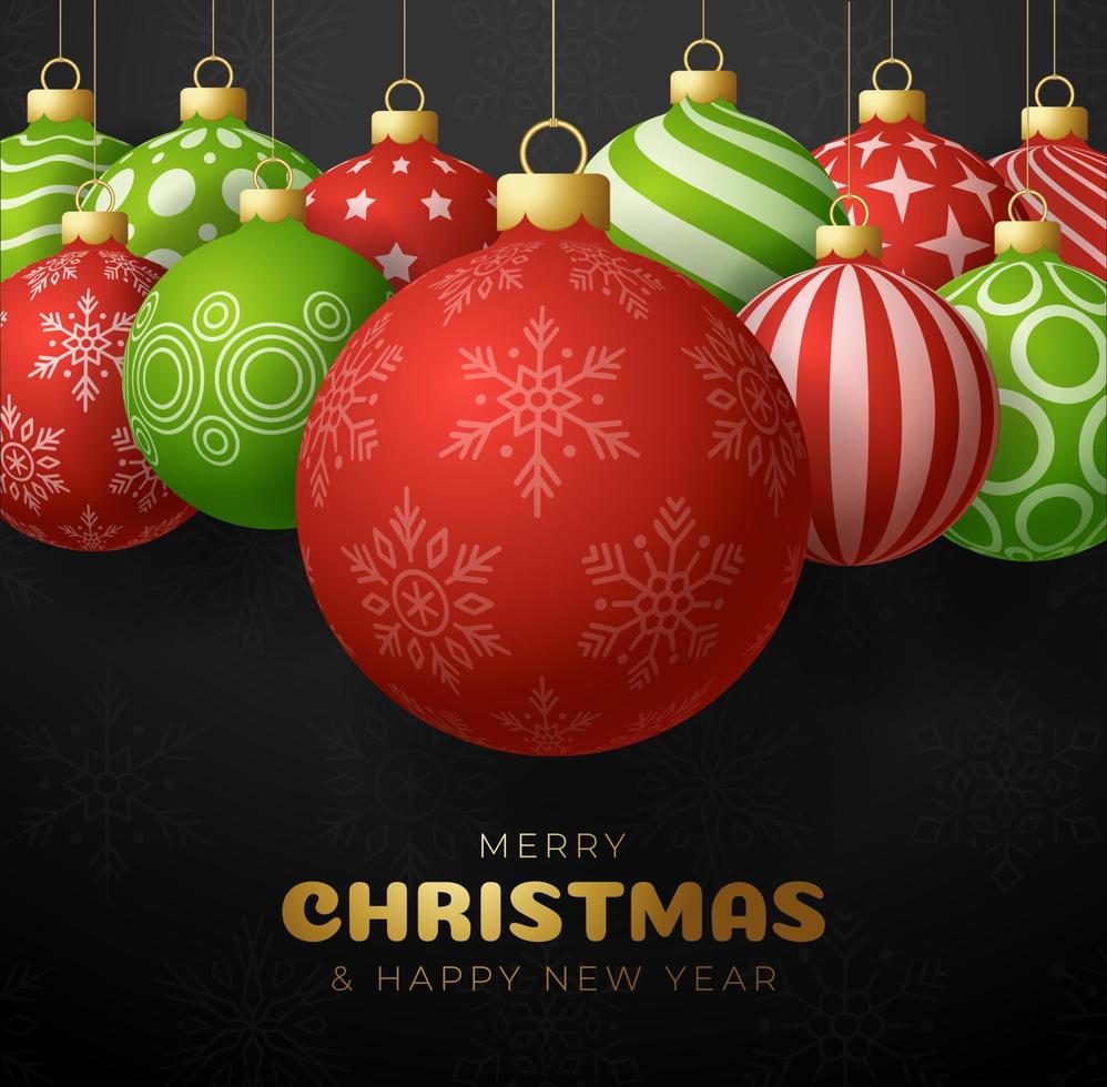 Merry Christmas black Background with green and red christmas ball, golden elements. Christmas posters, greeting cards, website. Vector