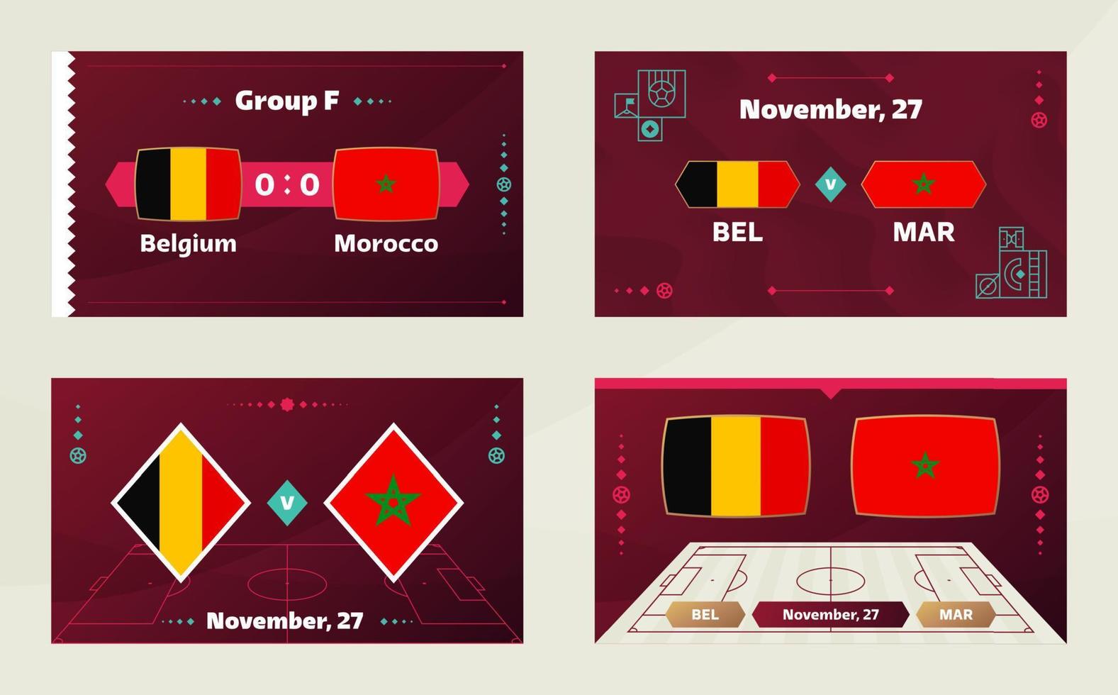 belgica vs marruecos, futbol 2022, grupo f. partido de campeonato mundial de fútbol versus antecedentes deportivos de introducción de equipos, afiche final de la competencia de campeonato, ilustración vectorial. vector