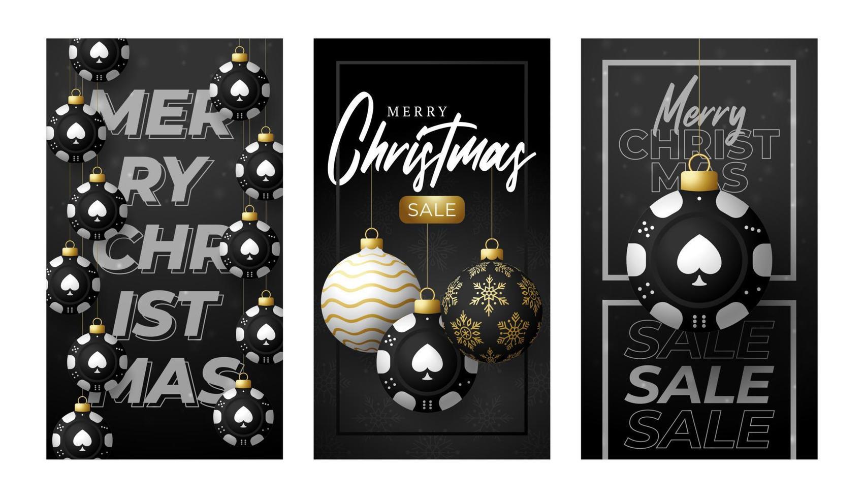 Casino Poker Christmas card set. Merry Christmas sport greeting card. Hang on a thread casino poker chip as a xmas ball and golden bauble on black background vector