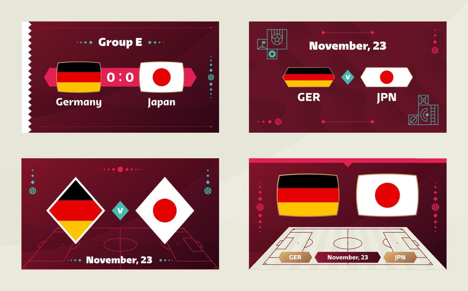 Germany vs Japan, Football 2022, Group E. World Football Competition championship match versus teams intro sport background, championship competition final poster, vector illustration.