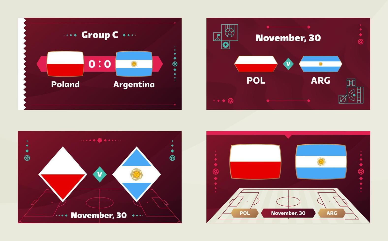 polonia vs argentina, futbol 2022, grupo c. partido de campeonato mundial de fútbol versus antecedentes deportivos de introducción de equipos, afiche final de la competencia de campeonato, ilustración vectorial. vector