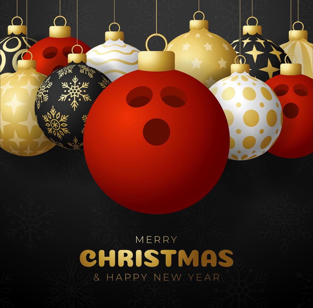 Merry Christmas and Happy New Year luxury Sports greeting card. bowling ball as a Christmas ball on black background. Vector illustration.