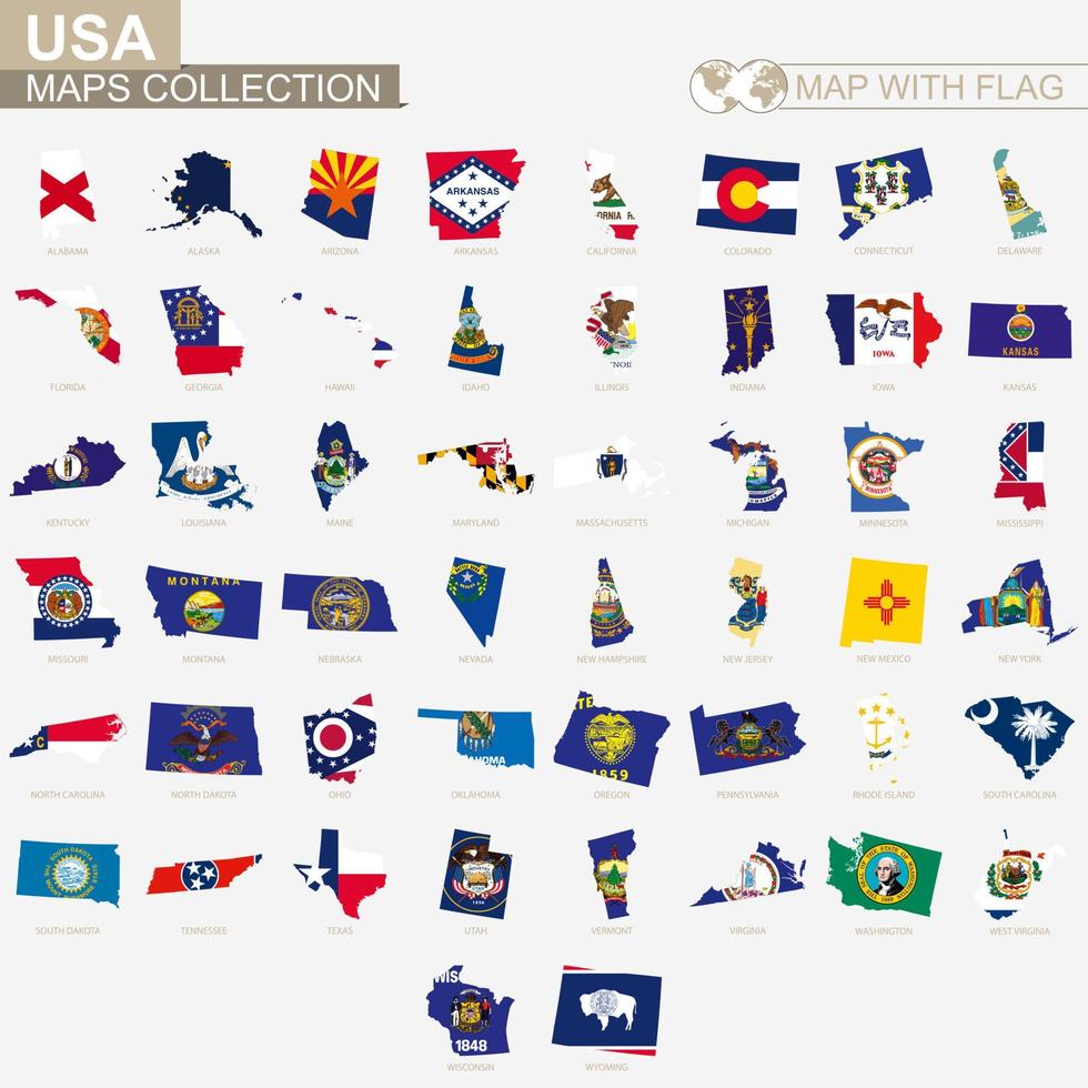 mapa con la bandera de la colección de estados de estados unidos. vector