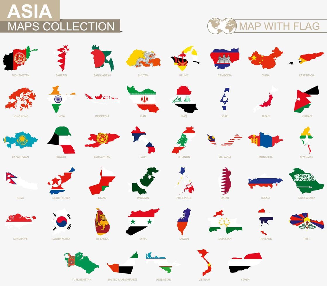 Map with flag Asian countries collection. vector