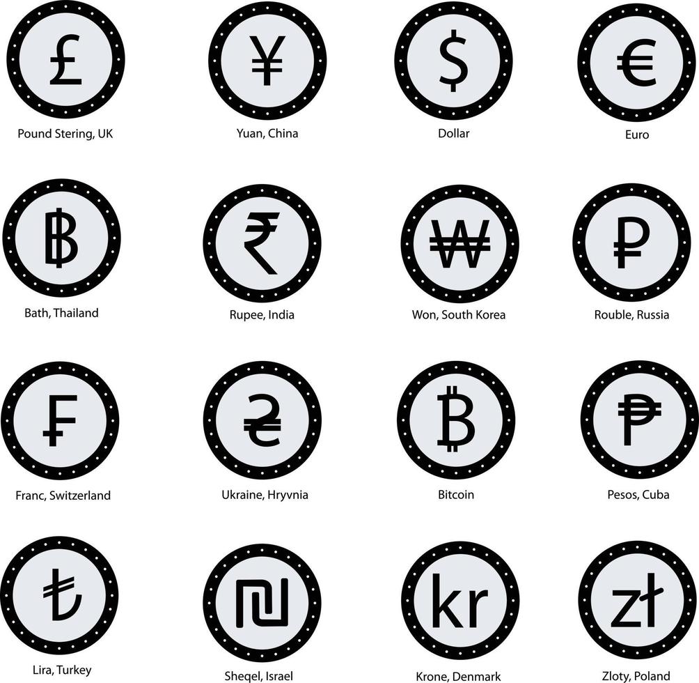 moneda de monedas sobre fondo blanco. dólar, euro, libra esterlina, rupia india, yan, yen, franco suizo, baht de tailandia, won de corea del sur, rublo, rublo. conjunto de símbolos de moneda. estilo plano vector