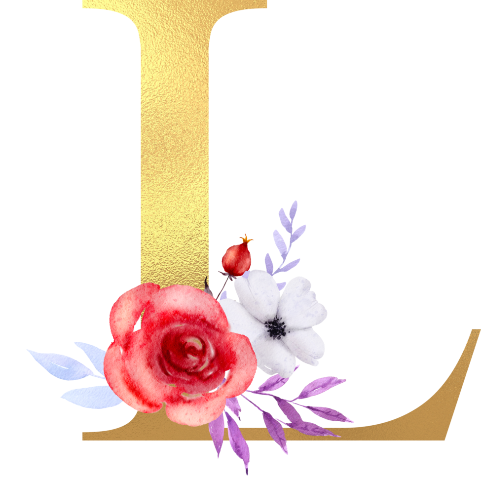 fiori ad acquerello con alfabeto d'oro png