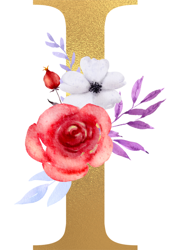 flores de acuarela con alfabeto dorado png