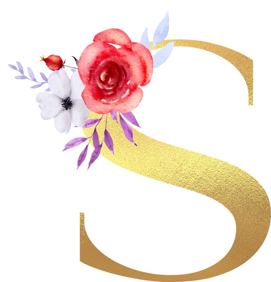 Watercolor Flowers with Gold Alphabet png