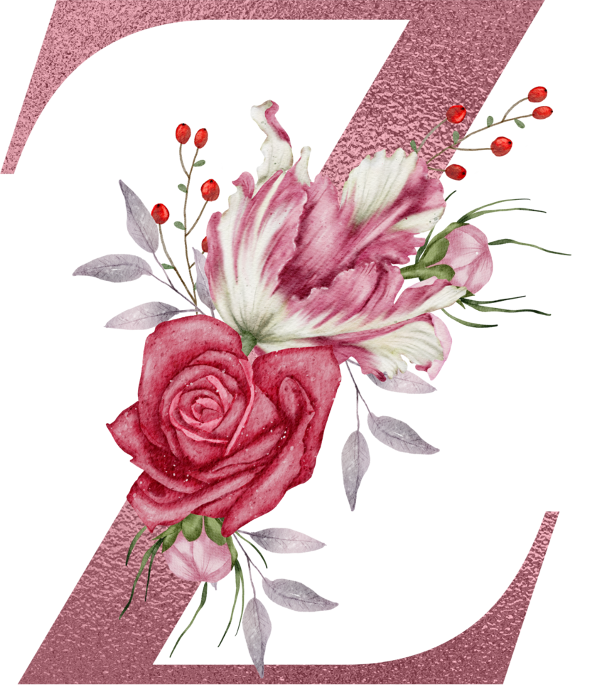 flores de acuarela con alfabeto de oro rosa png