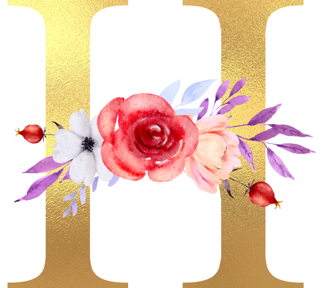 Watercolor Flowers with Gold Alphabet png
