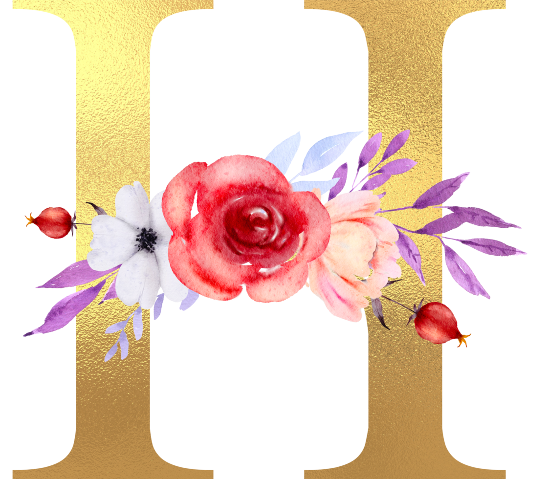 fiori ad acquerello con alfabeto d'oro png