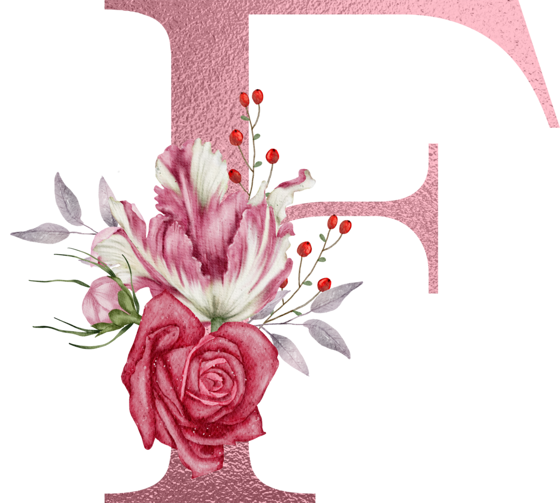 flores de acuarela con alfabeto de oro rosa png