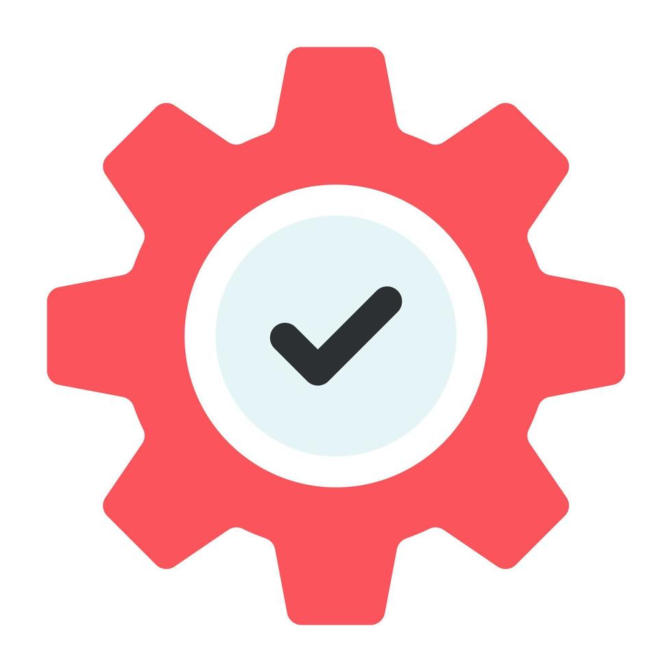 Tick mark inside gear, flat design icon of verified setting vector