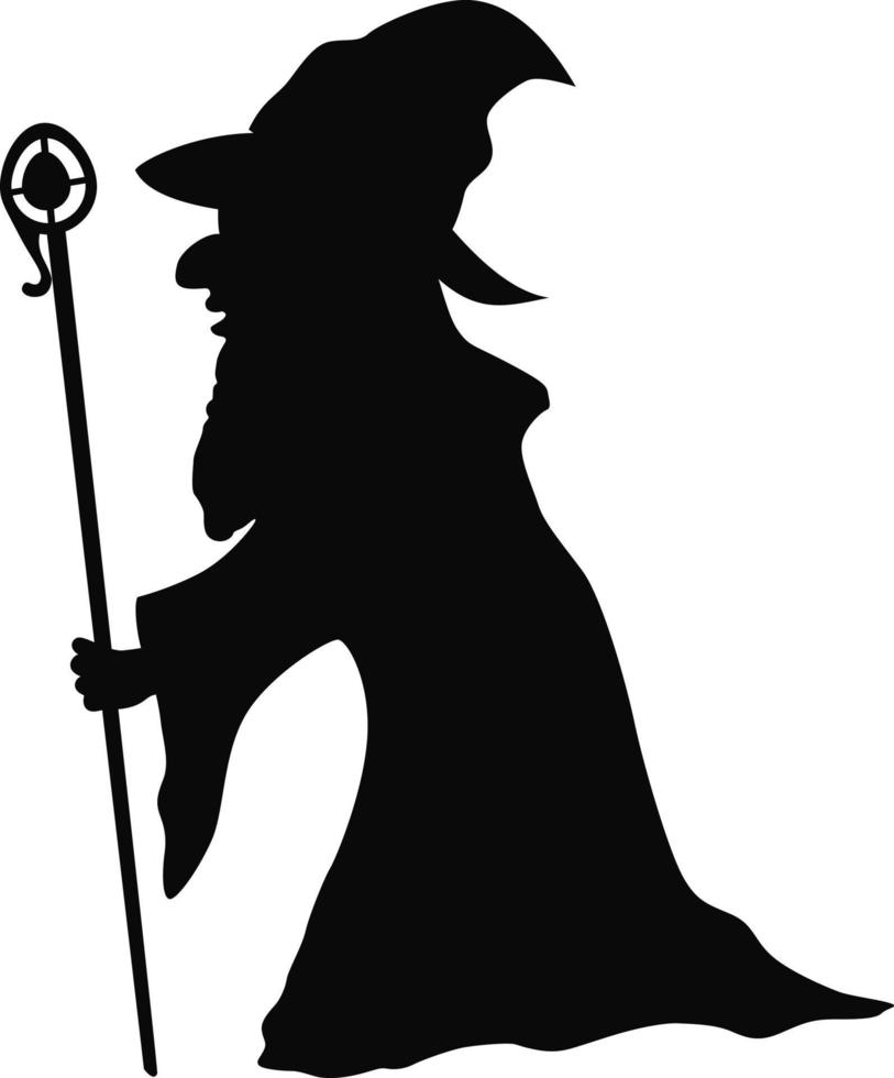 Silhouette of wizard holding magical staff vector