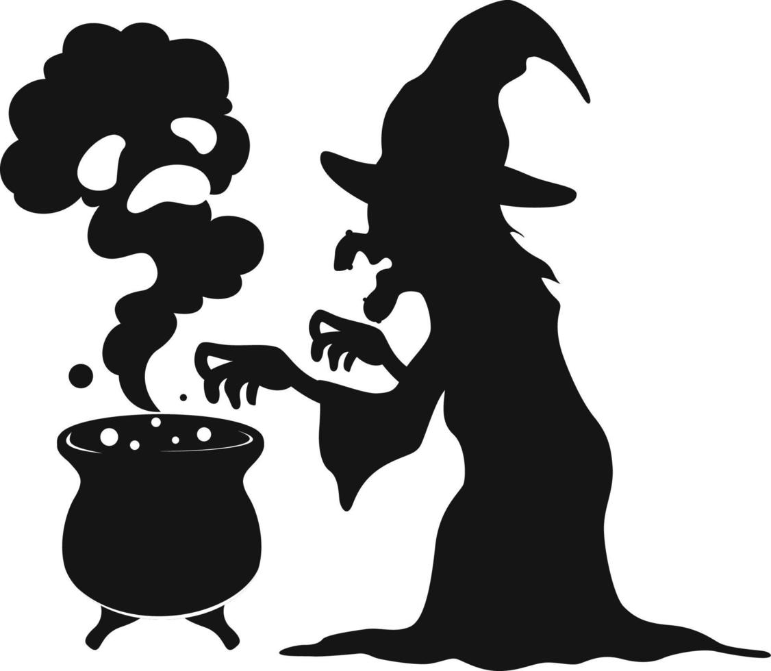 Silhouette of witch cooking magic potion in cauldron vector