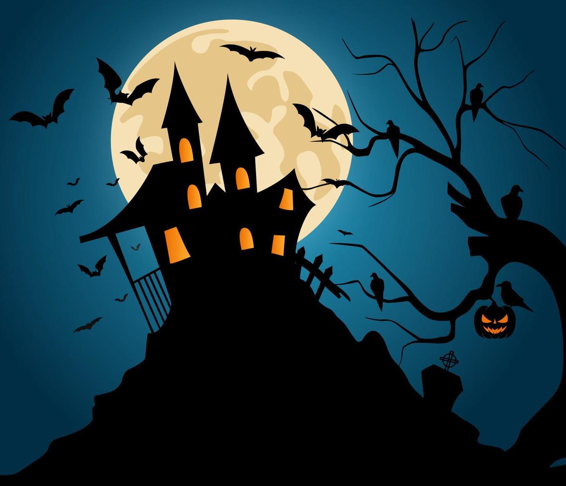 fondo de halloween con castillo embrujado en la luna llena vector