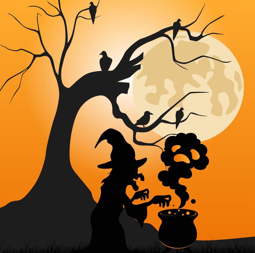 Halloween background with witch cooking a magic potion vector