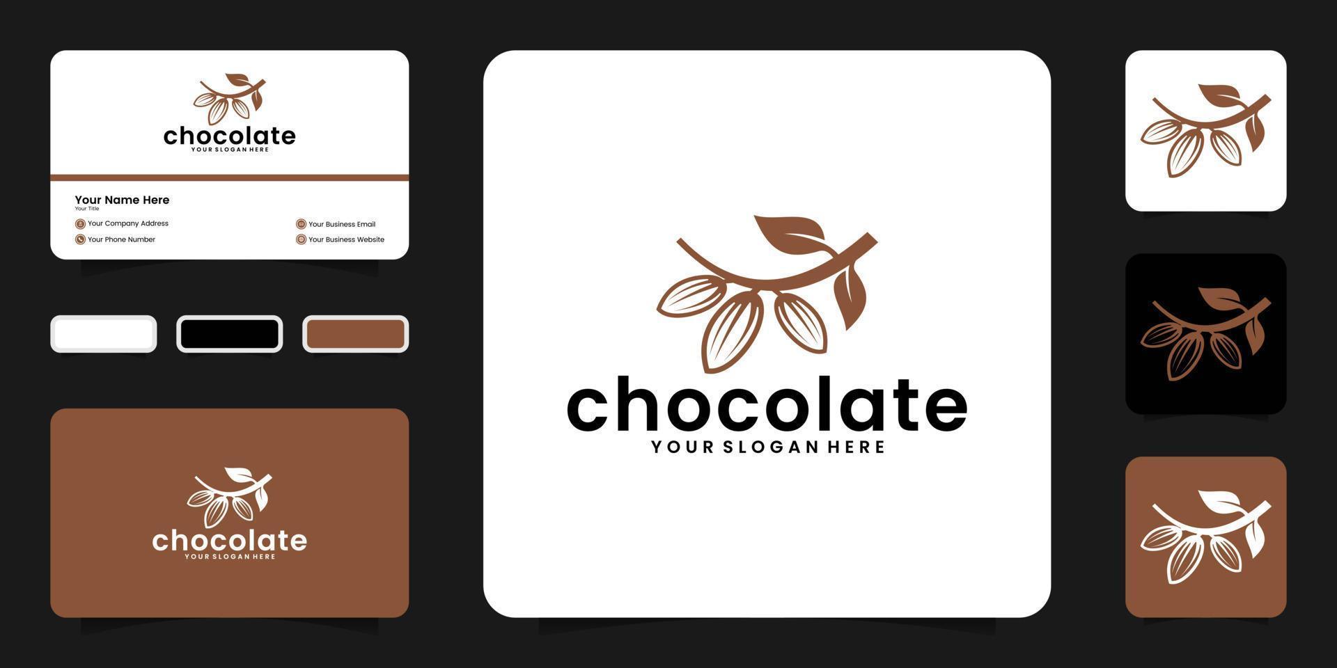 Chocolate, cocoa pods hanging on branches, logo template. Cocoa beans, cocoa beans and cocoa plants and business card inspiration vector