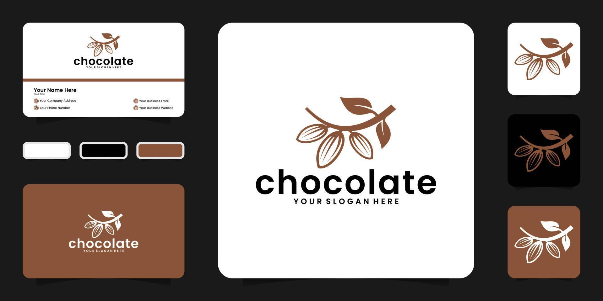 chocolate, vainas de cacao colgando de ramas, plantilla de logotipo. granos de cacao, granos de cacao y plantas de cacao e inspiración para tarjetas de visita vector