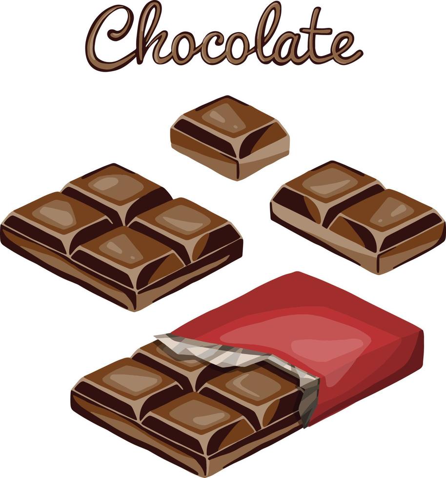 la inscripción chocolate en la pizarra. una barra de chocolate en una mano masculina. vector