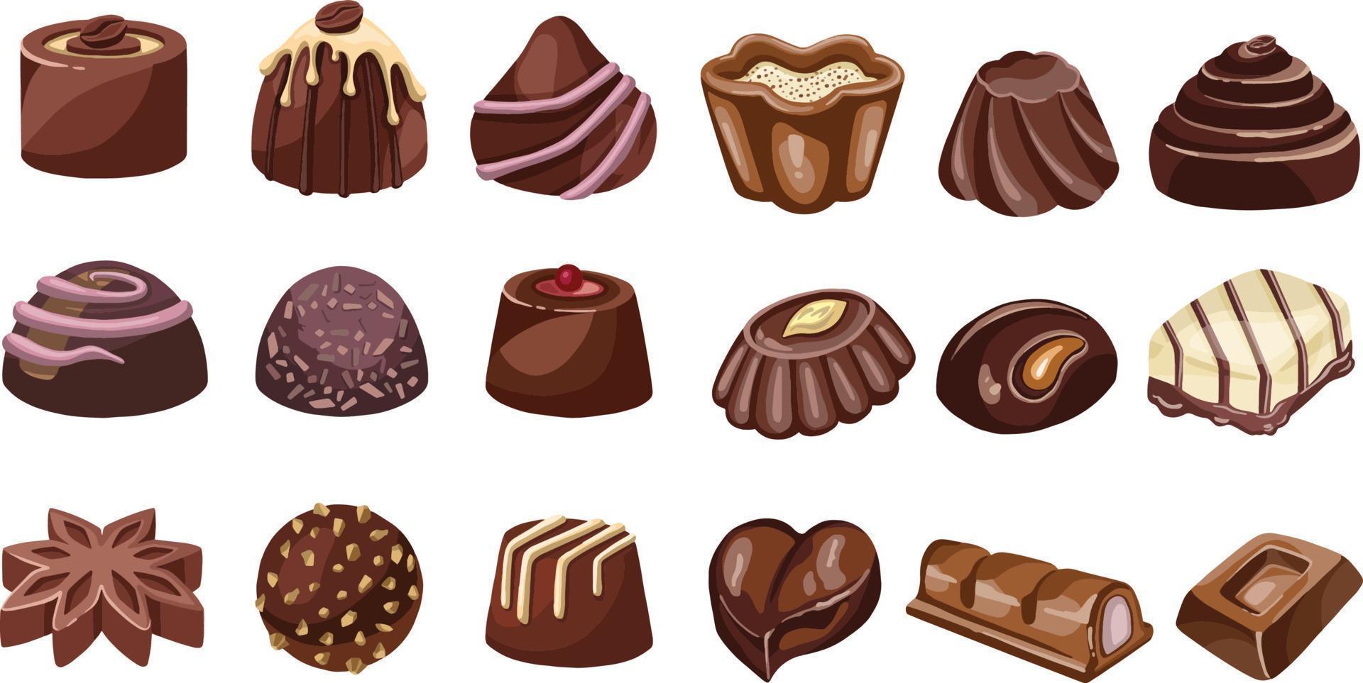 Set with different chocolate candies isolated on white. Milk,dark,white chocolate. For your design, announcements, cards, posters, restaurant menu. vector
