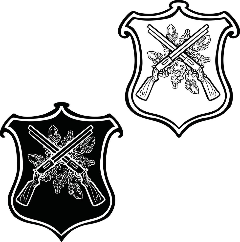 black and white linear sign, designation coat of arms of hunters shooters, hand drawn illustration vector