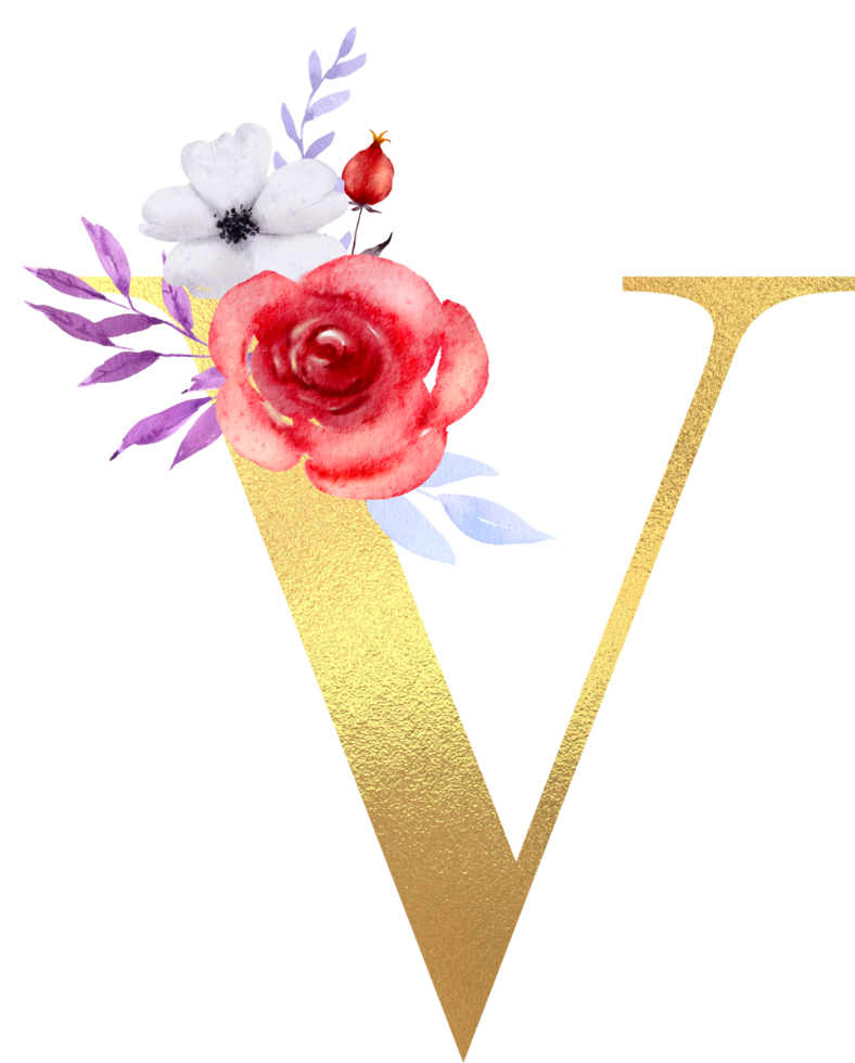 Watercolor Flowers with Gold Alphabet png