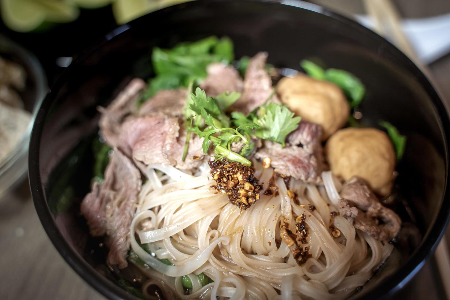 Thai style noodle blood soup,boat noodle,delicious dish,famous Thai noodle soup. Thai peoples call Boat Noodles. photo