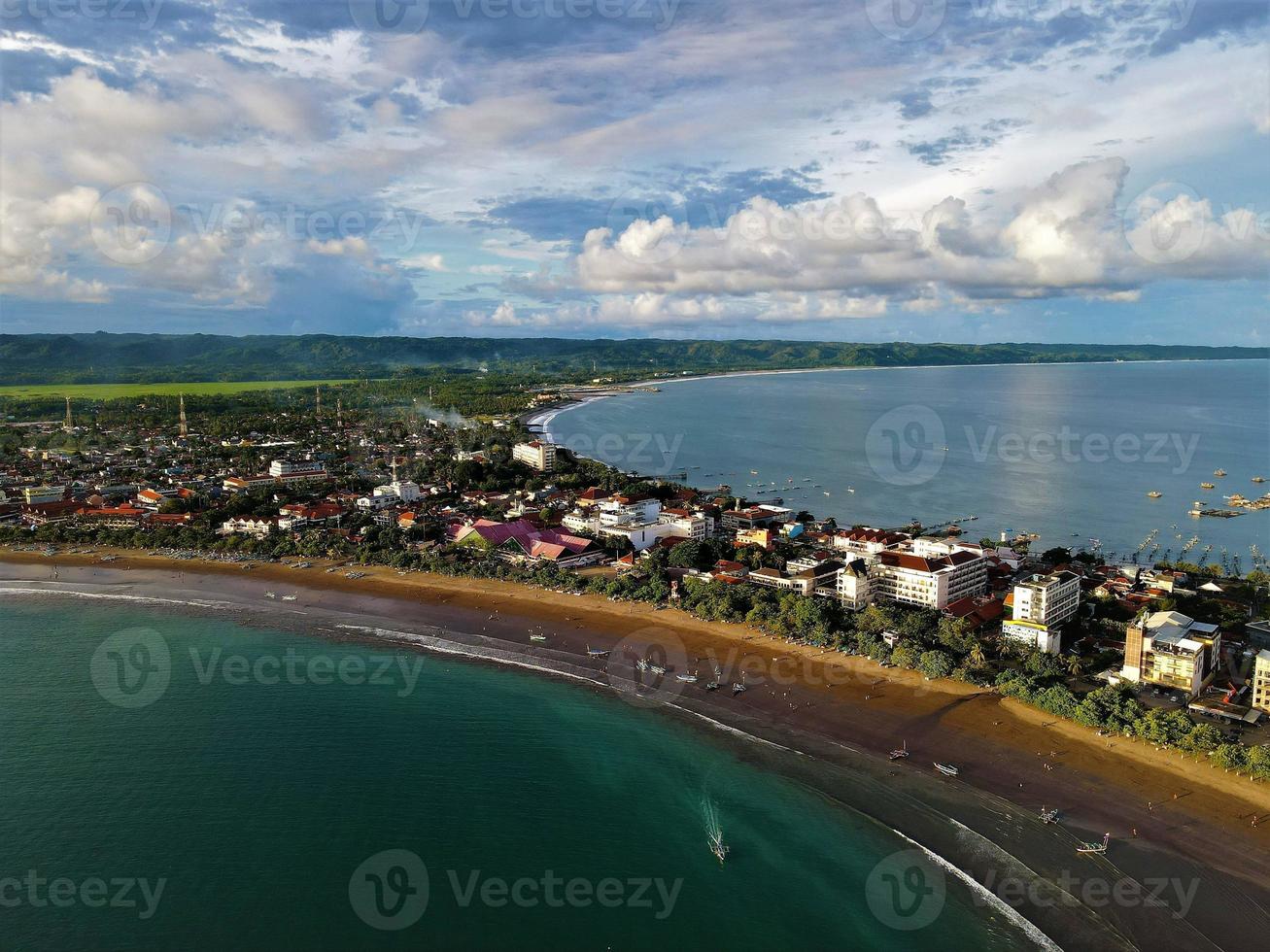 Ciamis, West Java-Indonesia, 12 May 2022 - Beautiful panoramic aerial view of Pangandaran beach. photo