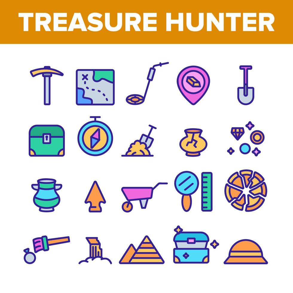 conjunto de iconos de vector de herramienta de color de cazador de tesoros